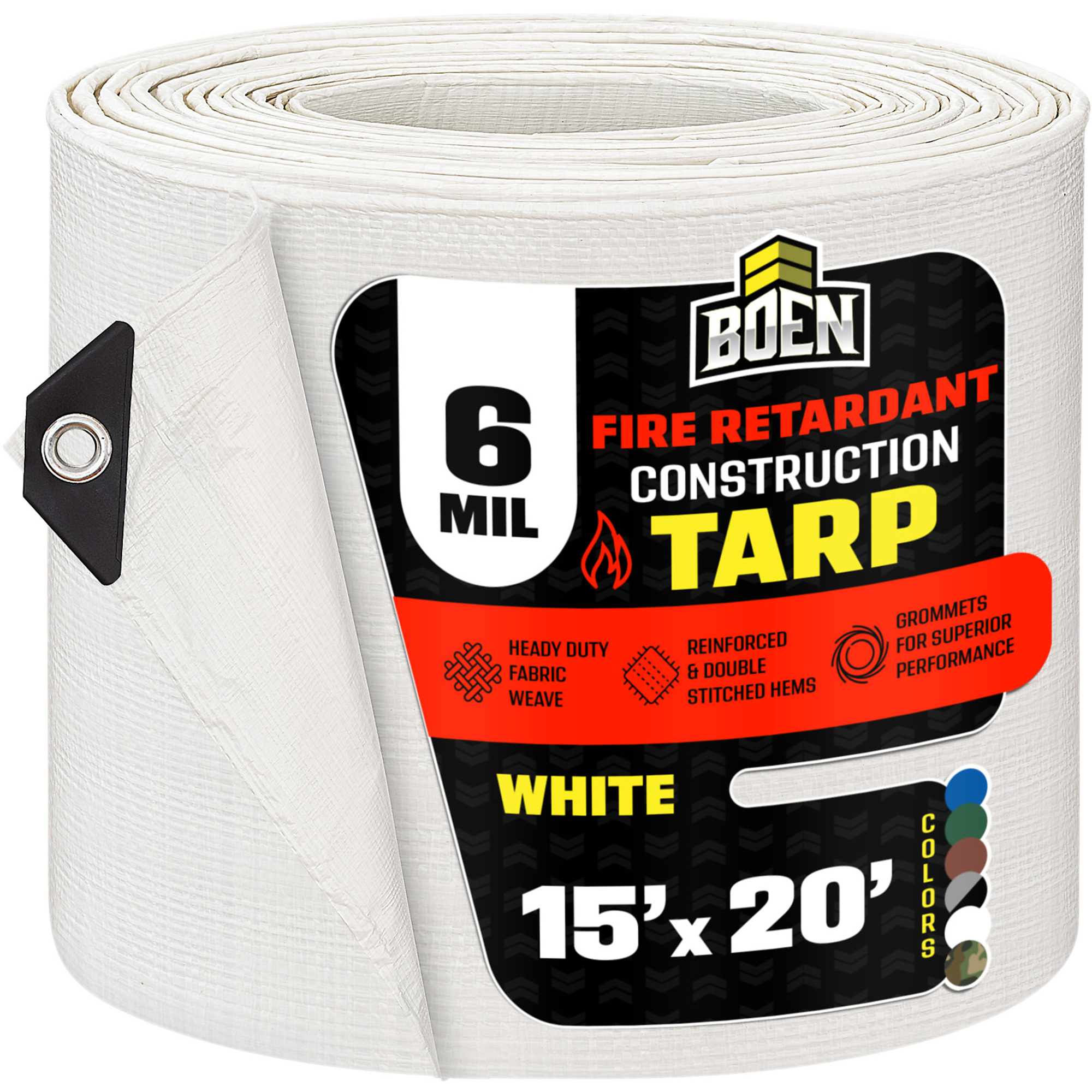 Boen 15 ft x 20 ft White Tarp, 8 Mil Thick Fire Retardant Construction Tarp, Rip Proof Tarps, Thick Weave Material, UV Resistant with Reinforced Corners